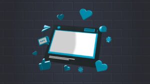 Bild Symbol für Content Marketing - in der Mitte ein Pc und darum herum Likes etc.