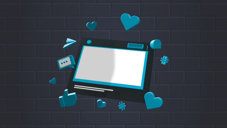 Bild Symbol für Content Marketing - in der Mitte ein Pc und darum herum Likes etc.